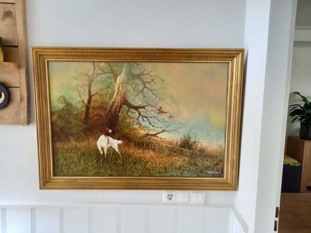 mooi schilderij jachttafereel (jachthond) olieverf op linnen. gesigneerd 
TUGOMIR. Schilderde vaker jachthonden. Afmeting 100 cm x 70 cm